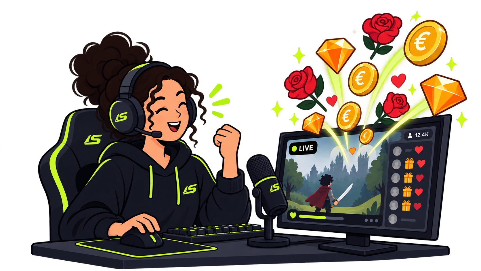 Une créatrice en direct gagne des cadeaux et des diamants pendant son live.