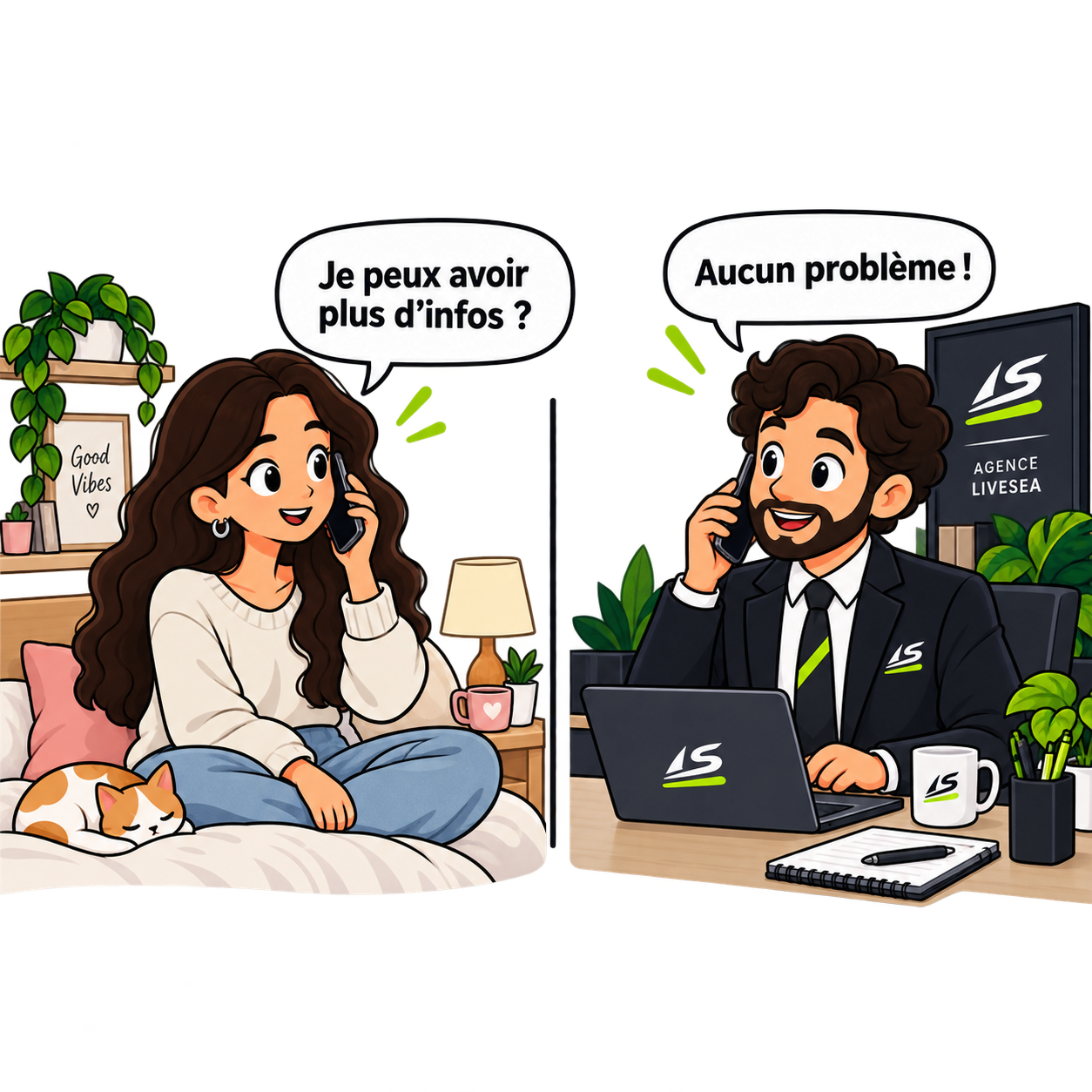 Illustration LiveSea Agency représentant une créatrice échangeant avec un membre de l’agence.